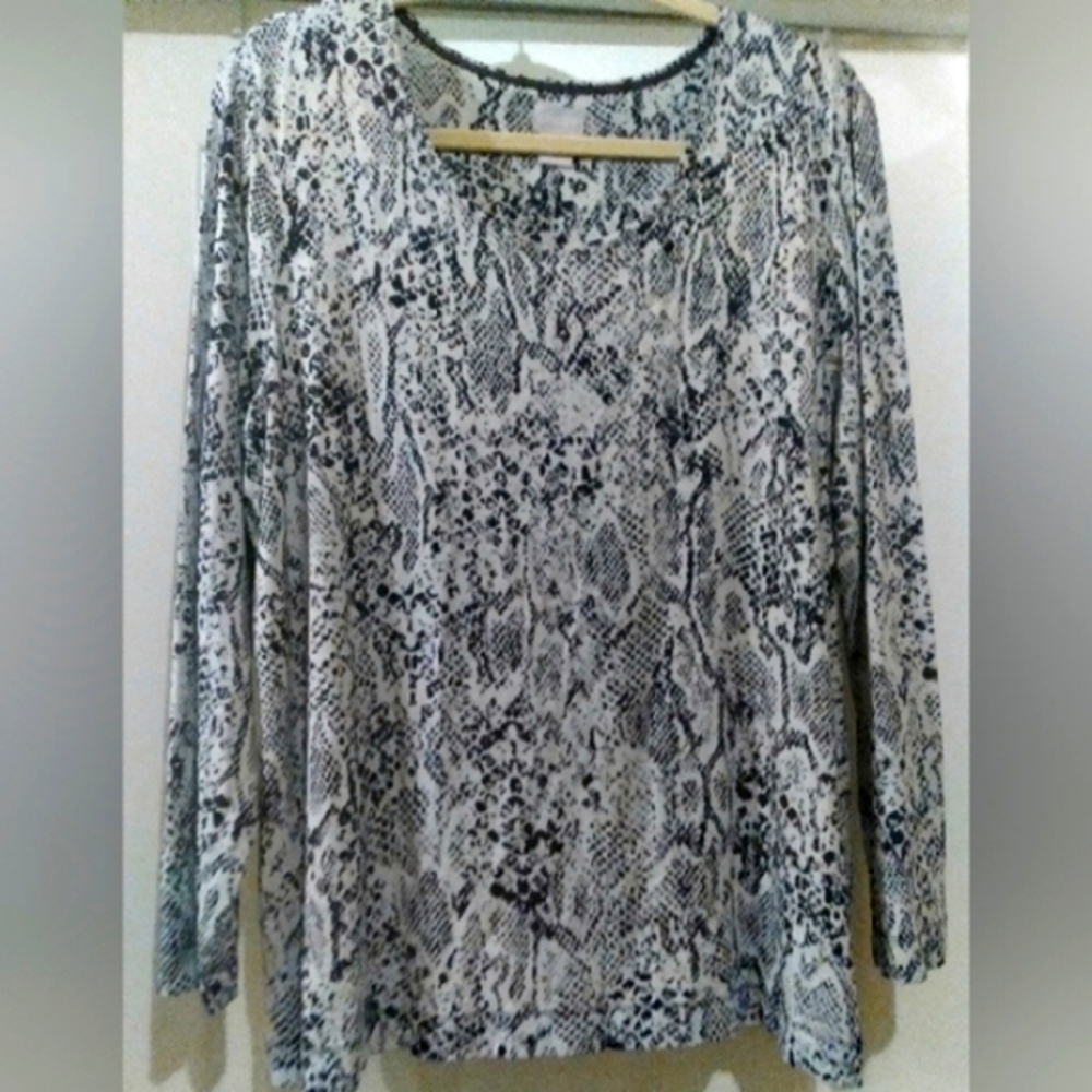 Chicos Animal Print Jersey Knit Tunic Top‎ Long Sleeve  Black White Layer XL